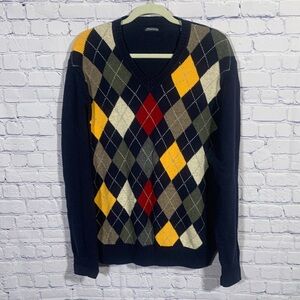 Consensus Mens VTG Argyle V-Neck Pullover Sweater Navy Multi Size XL Preppy